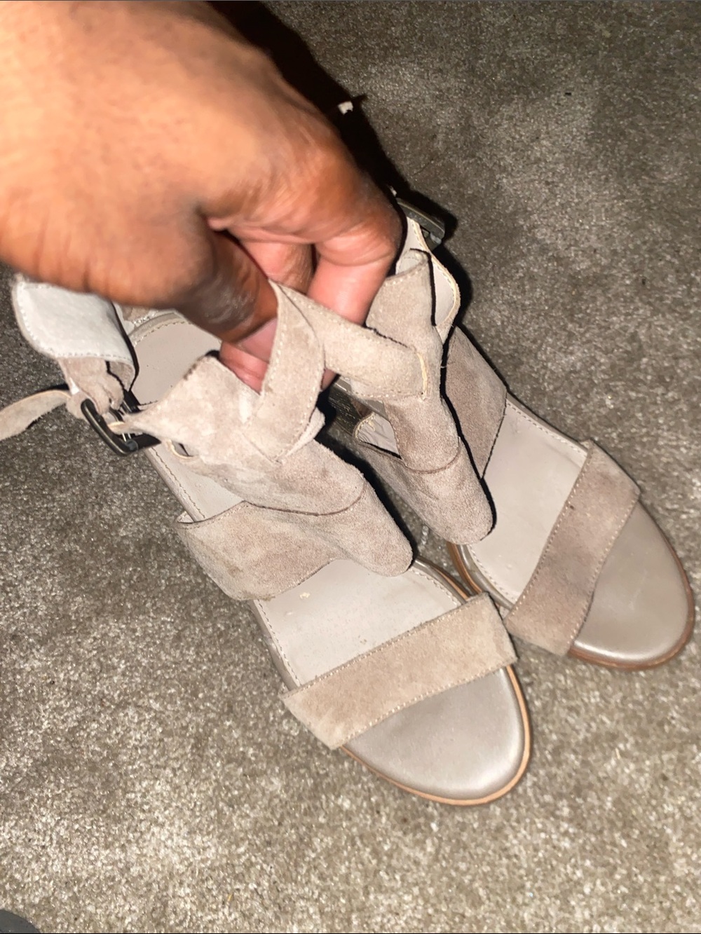 Hinge Suede Strappy Ankle-Wrap Sandals in Taupe